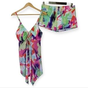 NEW Finwanlo Colorful flowy Swimsuit top with Matching Boy Shorts Size Large